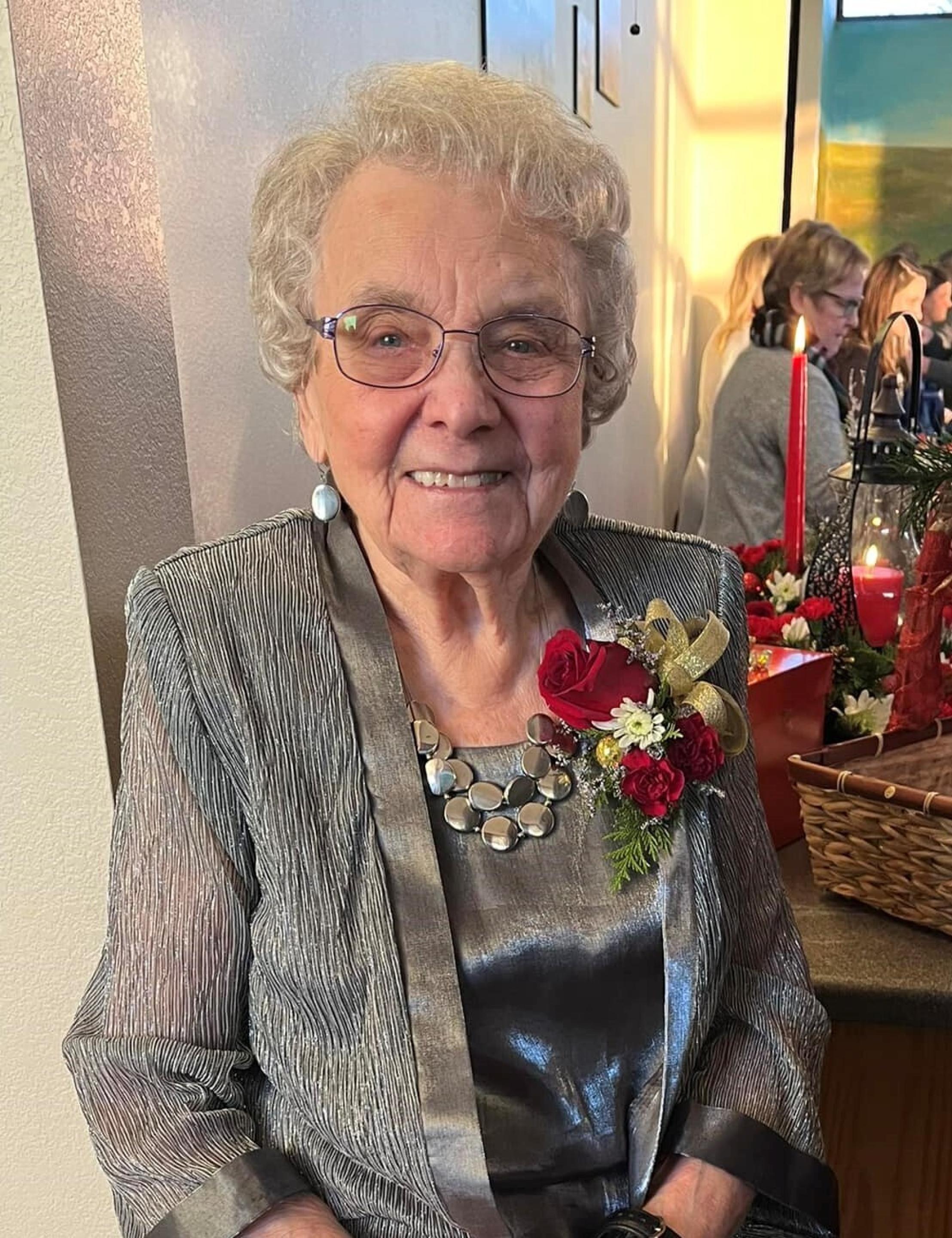 Alice Graber wearing a thrifted outfit to her 100th birthday party